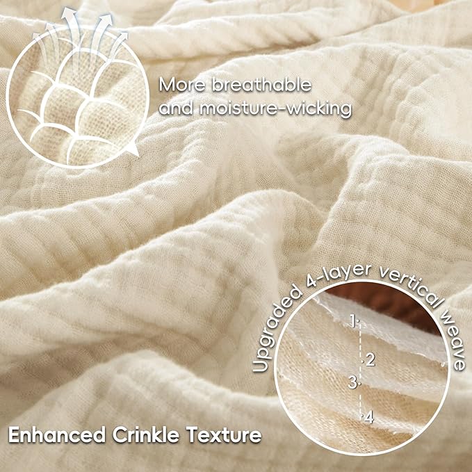 PHF 100% Cotton Muslin Blanket King Size 108"x90", 4-Layer Lightweight Gauze Throw, Breathable Cloud-Soft Minimalist Blanket for Bed, Couch, Camping & Baby, Beige/Short Bread, Ideal Gift
