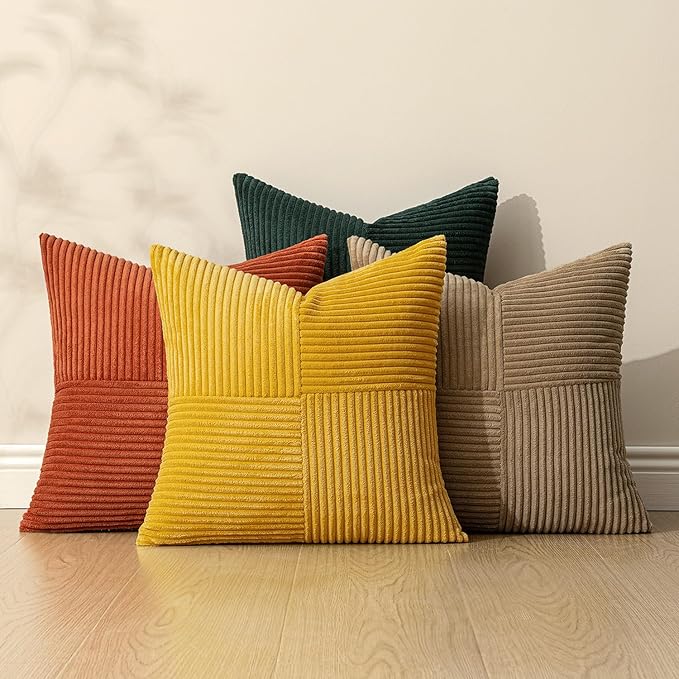 MIULEE Green Rust Throw Pillow Covers 18x18 Inch Set of 4 Boho Farmhouse Soft Corduroy Striped Cushion Cases Decorative Color-Clash Home Decor for Couch Sofa Living Room Bed