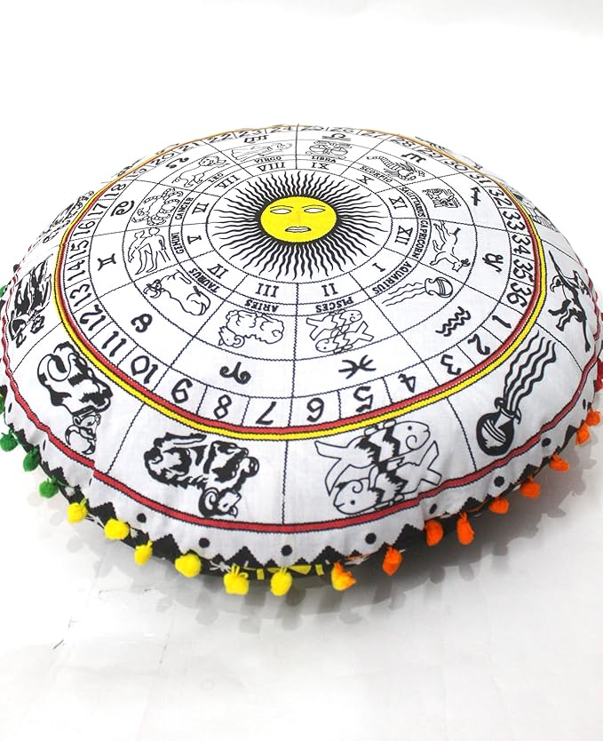 CRAFT KALA Large Round Bohemian Floor Pillow Pouf Cover Mandala Meditation Room Pillow Cover for Adults Boho Seating Poufs Cushion Cover for Kids Playroom 32" Round Yellow and White Zodiac