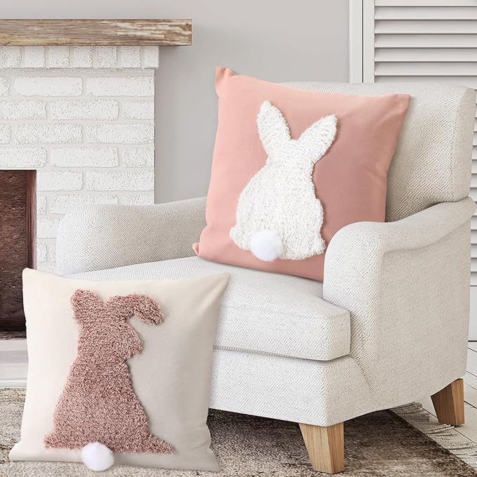 Tufting Easter Pillow Covers 18" x 18" Set of 2 Bunny Pillow Covers 3D Tufted Bunny Rabbit Throw Pillowcase Easter Decorative for Bedroom Sofa Home Decor(Beige, Light Pink)