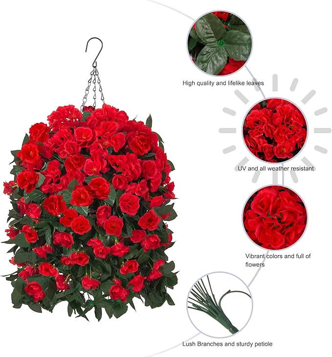 Artificial Geraniums Fake Hanging Flowers Plants Basket for Outdoors Spring Summer Outdoor Decor, 3PCS Faux Silk Geraniums Vines in Planter Realistic UV Resistant for Outside Balcony Patio Porch Home