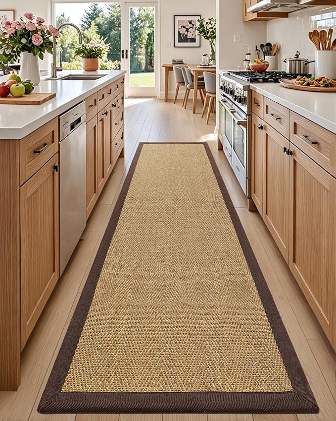DEXI Jute Hallway Runner Rug 3x8, Woven Braided Natural Fiber Non Slip Runner Inside, Farmhouse Runners Carpet Indoor for Entryway Kitchen Luandry, Natural/Brown