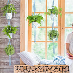 XXXFLOWER 3 Pack Macrame Plant Hanger Indoor Set with Hooks Handmade Woven Cotton Rope Flower Pot Crochet Plant Holder Stand Boho Plant Decor Hanging Planter Baskets Set of 3 with Beads Blue