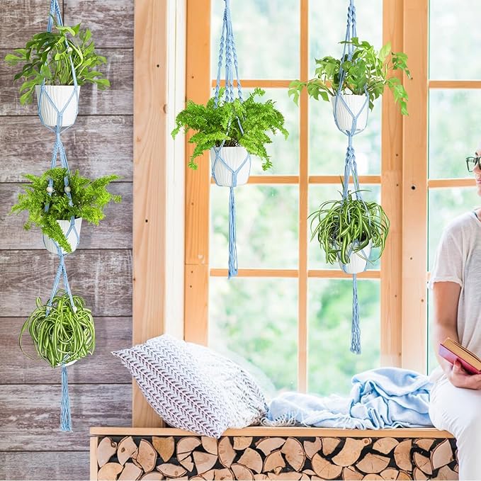 XXXFLOWER 3 Pack Macrame Plant Hanger Indoor Set with Hooks Handmade Woven Cotton Rope Flower Pot Crochet Plant Holder Stand Boho Plant Decor Hanging Planter Baskets Set of 3 with Beads Blue