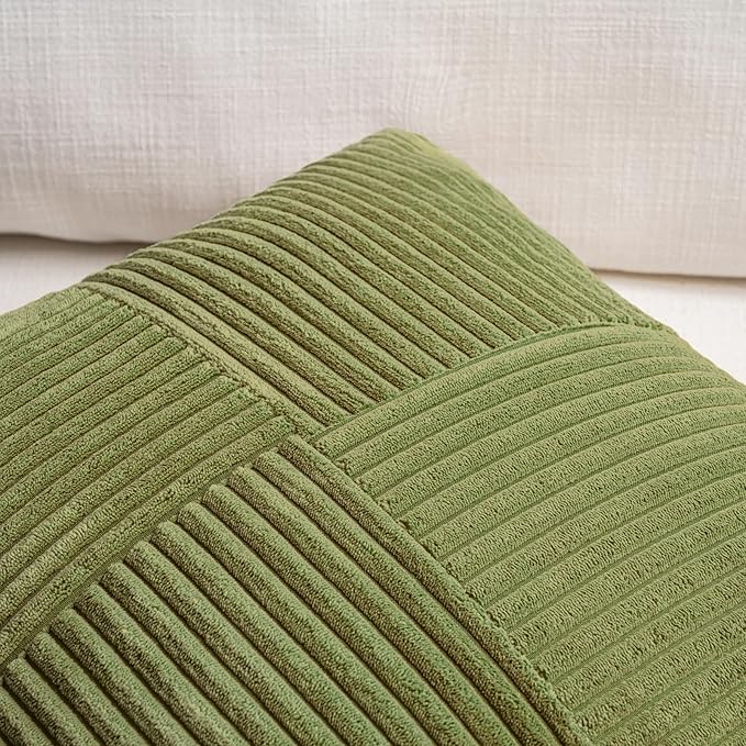 Fancy Homi Set of 2 Moss Green Boho Long Lumbar Body Decorative Throw Pillow Cover 14x36 Inch for Bed Couch Bedroom Bench, Soft Patchwork Corduroy Textured Pillow Case, Rustic Farmhouse Room Décor