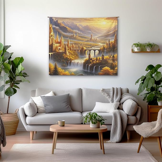 Elven Style Fantasy Tapestry for Bedroom – Golden Misty Mountain Waterfall Landscape Backdrop for Epic Adventure Fans Party, Mythical Birthday Decoration, Classroom Reading Corner Background (60x50)