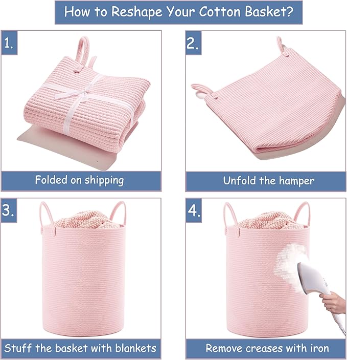 80L Extra Large Pink Hamper Laundry Basket for Baby Girls Tall Nursery Hamper for Kids Woven Rope Clothes Basket for Little Girls Room Bedroom Light Pink Kawaii 16"D x 22"H
