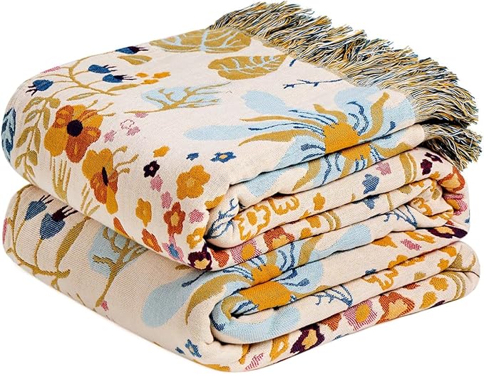 Boho Throw Blanket with Florals & Leaves Embroidery Reversible Lightweight Cotton Gauze Throws for Couch,Bed,Sofa & Chair Decor - Bohemian Living Room Accent Gift 60"x80"