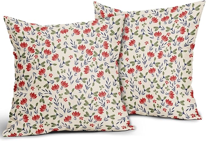 4th of July Floral Pillow Covers 20x20 Set of 2 Vintage Rustic Old Style Navy Blue Red Green Flower Print Decorative Outdoor Pillowcases Patriotic Throw Cushion Case Decor for Couch Sofa Bed