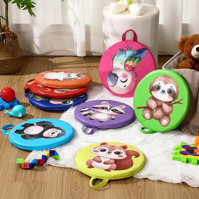 8 Pcs Kids Floor Cushions for Classroom Flexible Round Seating with Handle Soft Waterproof Floor Pillows with Cute Cartoon Animal Pattern for Elementary Daycare Preschool(Woodland Animals)