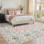 Pink Rug for Living Room Bedroom, Floral 5x7 Washable Rugs, Vintage Boho Style, Large Non Slip Flower Carpet for Indoor Dining Room, Girls Room and Nursery(Pink/Green 5x7ft)