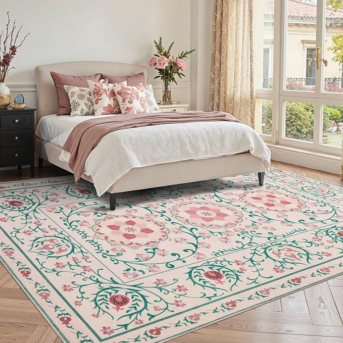Pink Rug for Living Room Bedroom, Floral 5x7 Washable Rugs, Vintage Boho Style, Large Non Slip Flower Carpet for Indoor Dining Room, Girls Room and Nursery(Pink/Green 5x7ft)
