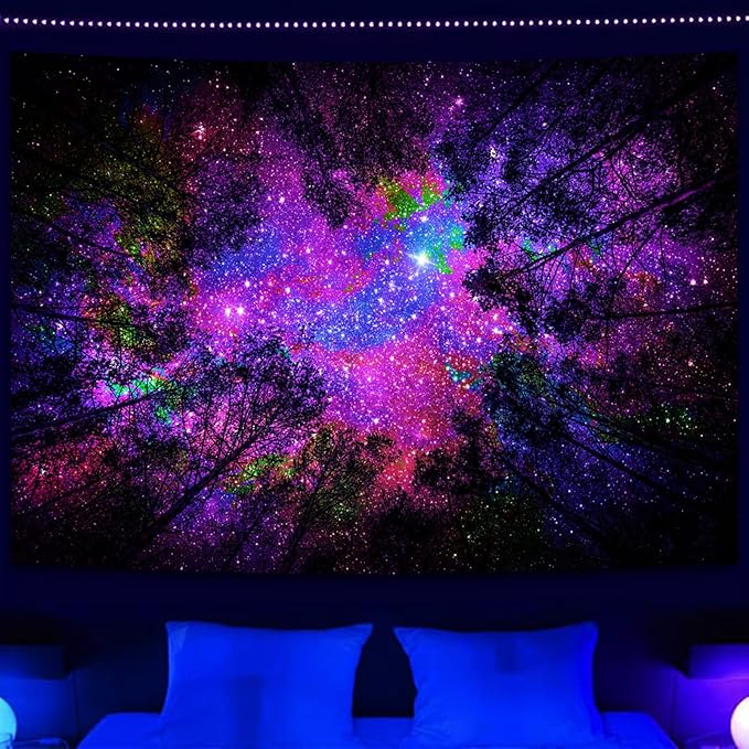 Miytal Blacklight Starry Sky Tapestry, Fantasy Forest Space Galaxy Night Nature Scenery Wall Hanging Tapestry, Aesthetic Landscape Wall Art Tapestries for Bedroom, Living Room - 51.2" x 59.1"
