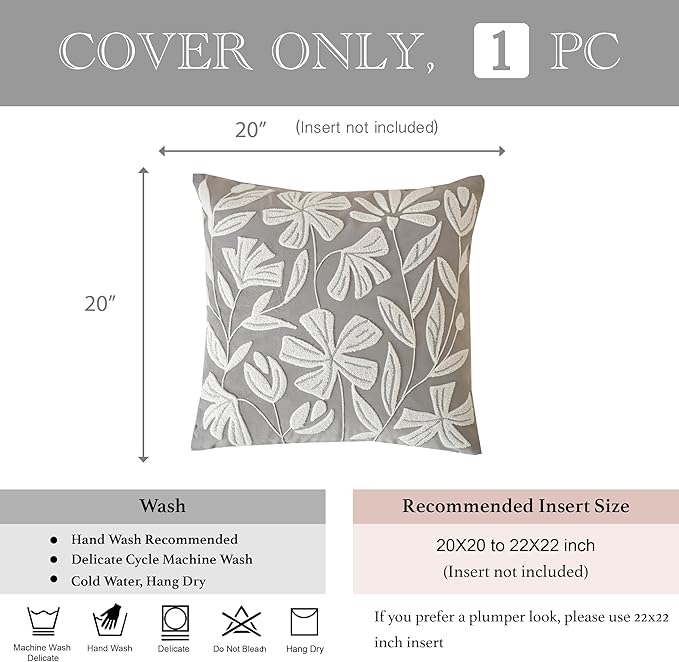 BlissBlush 20x20 Throw Pillow Cover, Square Light Gray Decorative Cushion Cover for Couch Sofa, Embroidered Velvet Farmhouse Accent Pillowcase (Cover Only)