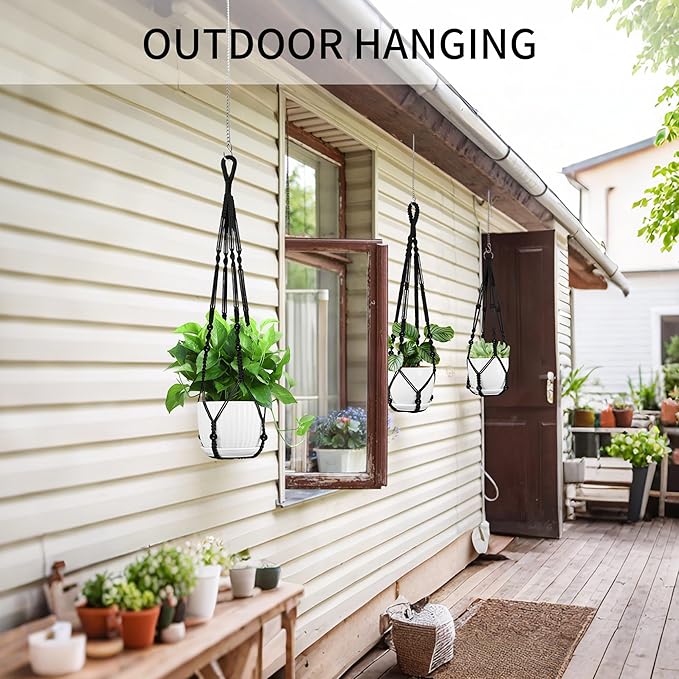 Macrame Plant Hanger - Fits 4 to 13 inches Pots for Indoor Outdoor, 35"/29"/23" Different Sizes Set, Black (POTS NOT Included)