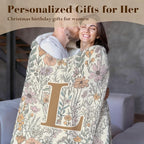 JXREQ Throw Blanket Initial Letter L Personalized Monogrammed Gifts for Women Teen Girls Frends, Boho Floral Throw Blankets for Bed Sofa Living Room Office, 50x60 Inch