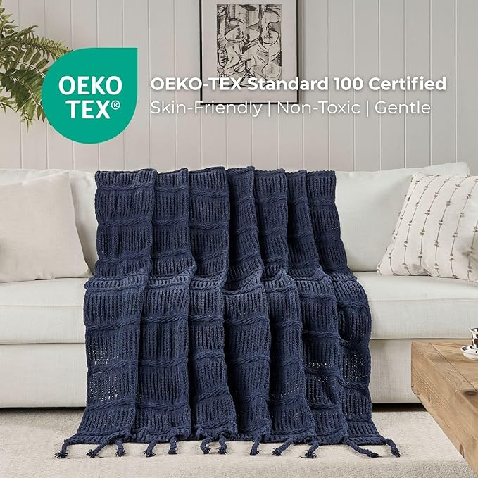Boho Knitted Chenille Blanket with Tassels - Lightweight & Soft All-Season Throw - 3D Classic Pattern for Living Room Bedroom Couch, Royal Blue, Twin 60"x80"