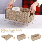 Vagusicc Wicker Storage Basket, Set of 2 Hand-Woven Storage Baskets for Organizing, Small Wicker Basket for Toilet Paper, Foldable Large Cube Storage Organizer Basket Bins for Shelves (Sea Grass)