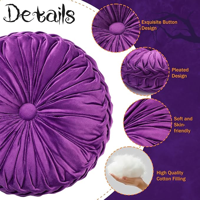 2 Pcs Round Throw Pillows 15 Inch Decorative Velvet Pleated Pumpkin Pillows Boho Floor Pillow with Center Button for Living Room Couch Chair Bed Sofa Home Decoration (Black and Purple)