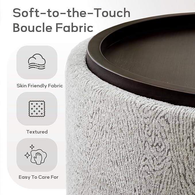 30 Inch Round Storage Ottoman, Ottoman Coffee Table with Lift Off Lid, Boucle Modern Ottomans with Storage for Living Room, Bedroom, Apartments (White and Gray Striped)