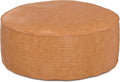 SIMPLIHOME Brody Round Coffee Table Pouf - 32 inch Wide Upholstered Vegan Leather Ottoman in Distressed Brown, Boho Footstool or Extra Seating for Living Room with Polystyrene Filling, Assembled