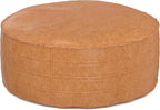 SIMPLIHOME Brody Round Coffee Table Pouf - 32 inch Wide Upholstered Vegan Leather Ottoman in Distressed Brown, Boho Footstool or Extra Seating for Living Room with Polystyrene Filling, Assembled