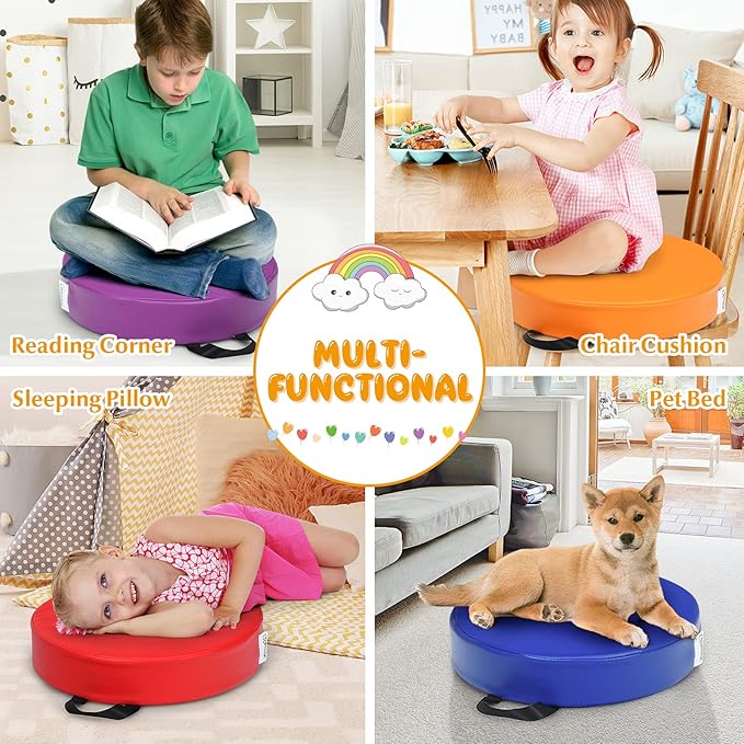 HONEY JOY 6PCS Floor Cushions for Kids, 15 Inch Flexible Alternative Portable Classroom Seating w/Handles, Easy to Clean, 3 Inch Thick Soft Foam Circle Comfy Seats for Daycare Preschool(Round, Red)