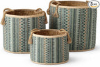 Set of 3 Handwoven Sedge Grass Baskets with Turquoise Brocade Cover – Decorative Woven Storage Baskets for Laundry, Toys & Blankets – Natural Wicker Hampers for Home & Bedroom Decor