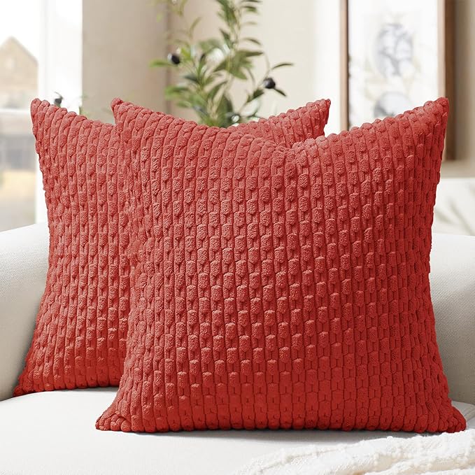 Softalker Throw Pillow Covers 18x18 Inch, Set of 2, Soft Corduroy Boho Stripe Decorative Pillow Cover, Couch Fluffy Pillow Cover for Farmhouse Home Decor Bed Living Room, Red