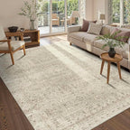 5x7 Area Rugs for Living Room Bedroom, Beige Washable Neutral Rug, Vintage Floral Retro Boho Non Slip & Low Pile Carpet for Dining Room, Classroom, Dorm, Nursery and Kids Room-Beige/Cream