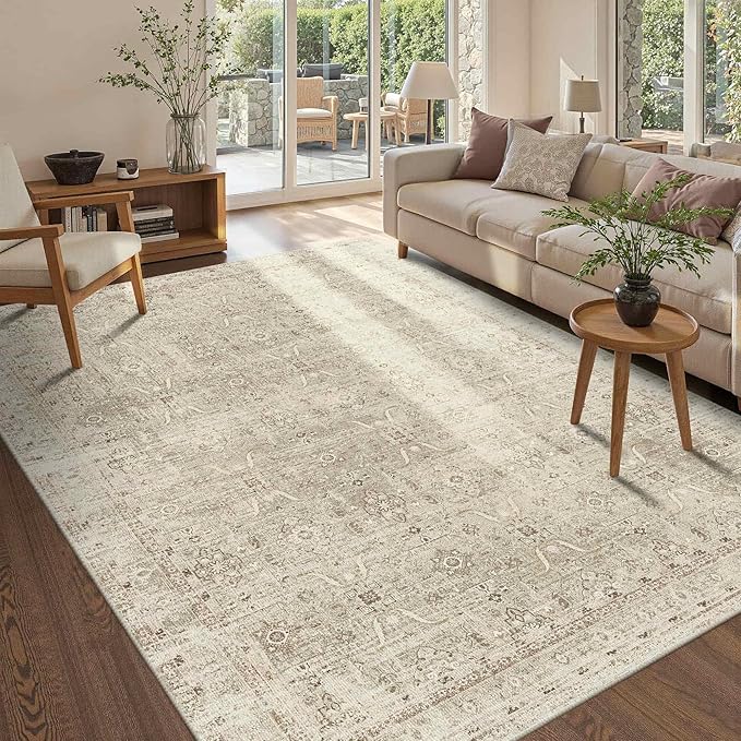 5x7 Area Rugs for Living Room Bedroom, Beige Washable Neutral Rug, Vintage Floral Retro Boho Non Slip & Low Pile Carpet for Dining Room, Classroom, Dorm, Nursery and Kids Room-Beige/Cream