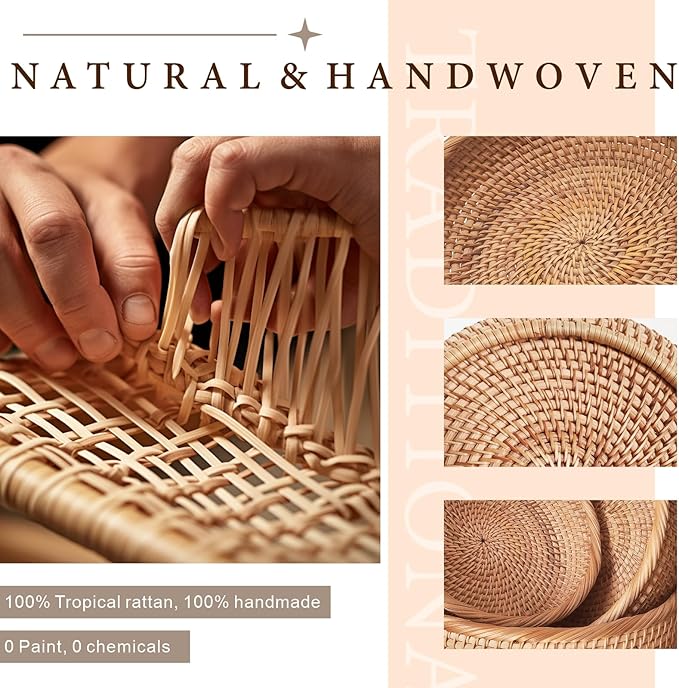 9.2" Medium Round Rattan Wicker Bread Basket, Natural Fruit Basket for Kitchen Counter, Hand Woven Food Baskets, Artisanal Bread Baskets for Serving, Fruit, Vegetable, Snack, key, Etc.