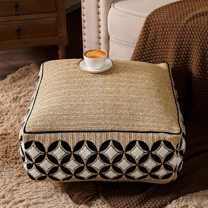 SUTAVIA Pouf Cover Ottoman Unstuffed Pouf Seat Footrest Decorative Storage Bean Bag Floor Chair for Home Decor Living Room Bedroom (White Decor, Square, 20" D x 20" W x 8" H)