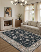 6x9 Area Rugs for Living Room Bedroom, Large Washable Rug, Black Vintage Floral Boho Rug, Non Slip & Low Pile Faux Wool Thin Carpet for Indoor Dining Room, Dorm and Kids Room(Black 6x9ft)