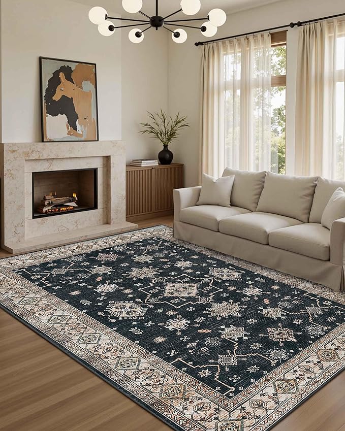 6x9 Area Rugs for Living Room Bedroom, Large Washable Rug, Black Vintage Floral Boho Rug, Non Slip & Low Pile Faux Wool Thin Carpet for Indoor Dining Room, Dorm and Kids Room(Black 6x9ft)