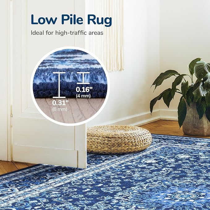 Lessymo Washable 8FT Round Area Rugs for Living Room, Non Slip Circle Rugs Low Pile Vintage Carpet for Bedroom, Dining Room, Nursery, Home Office, Blue White