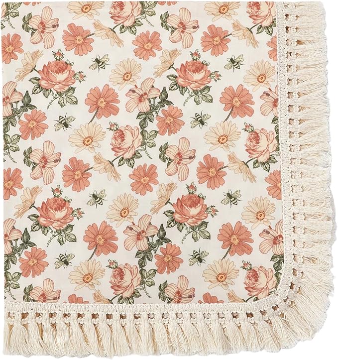 insular Cotton Muslin Baby Blanket with Tassel, Boho Bohemian Muslin Swaddle Blanket Baby Receiving Blanket with Fringe, Nursery Decor Throw or Nursing Blankets, 47" x40”, Floral&Bee