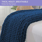 Bigacogo Chunky Knit Throw Blanket for Couch, 40x80 inches, 100% Hand Knitted with Thick Jumbo Chenille Yarn, Cozy Soft Large Rope Knot Cable Crochet Blankets for Sofa Bed Living Room, Navy Blue