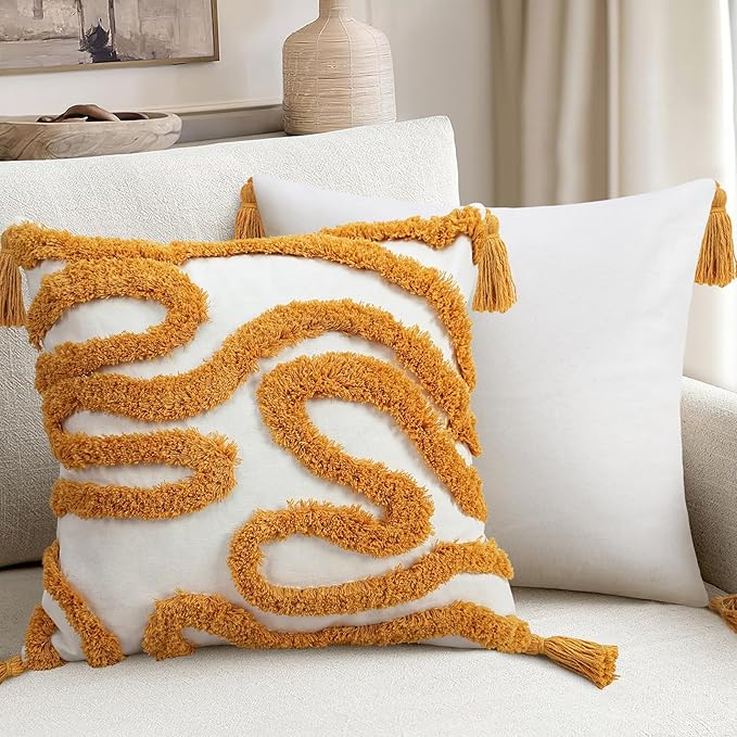 Adabana Yellow and White Pillow Covers Decorative Tufted Abstract Throw Pillows Cover Modern Farmhouse Home Decor for Couch Living Room Safa Bed,18X18 Inch