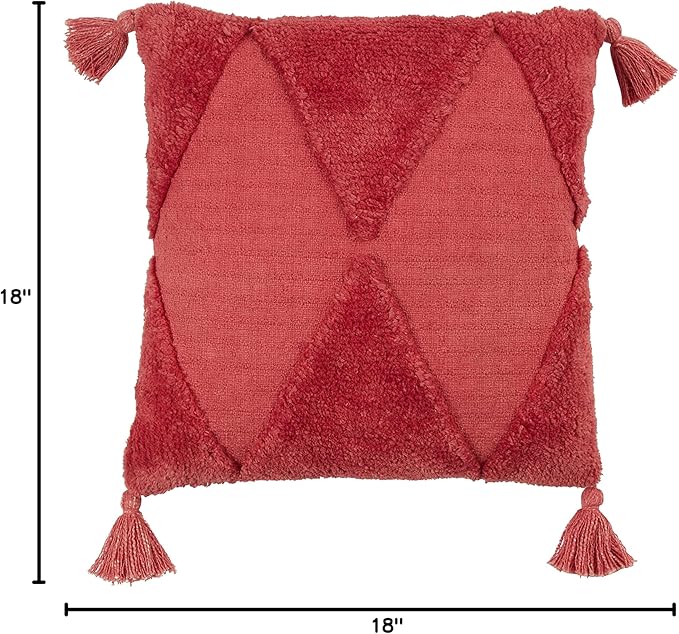 SARO LIFESTYLE Allman Collection Tufted Diamond Tassel Throw Pillow with Down Filling, 18", Rust