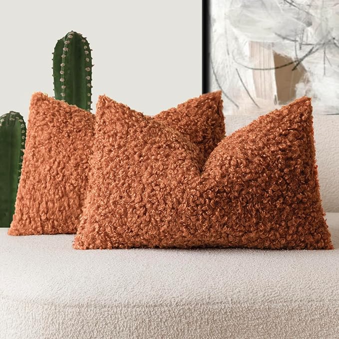 Foindtower Set of 2 Curly Teddy Wool Pillow Covers Decorative Boucle Textured Lumbar Throw Pillow Faux Fur Sherpa Pillowcases Sheepskin Fuzzy Cushion Case for Sofa Bedroom Car 12"x20" Burnt Orange