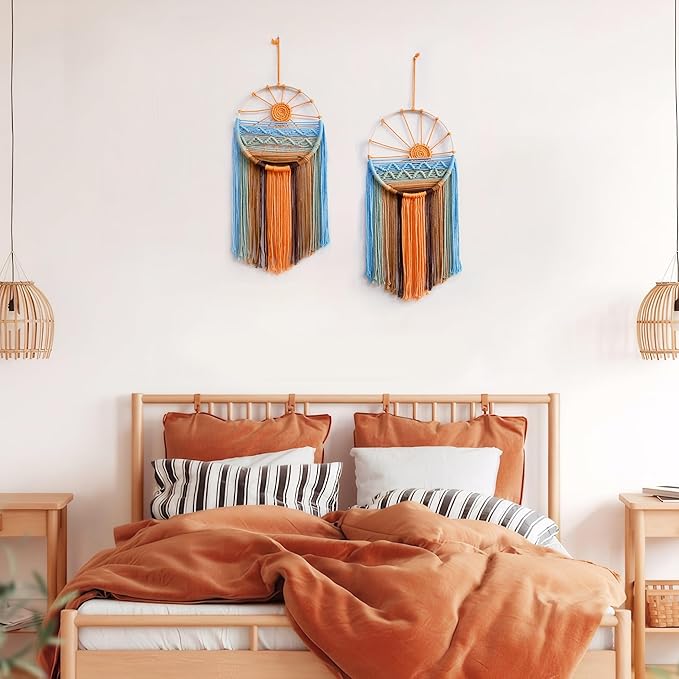 Artilady 2 Pack Macrame Sun Wall Decor Hanging Tapestry Sunshine Sunset Wall Art Set, Rustic Woven Tapestries Boho Dream Catcher Colorful Decor for Bedroom Living Room Nursery (Orange 2pcs)