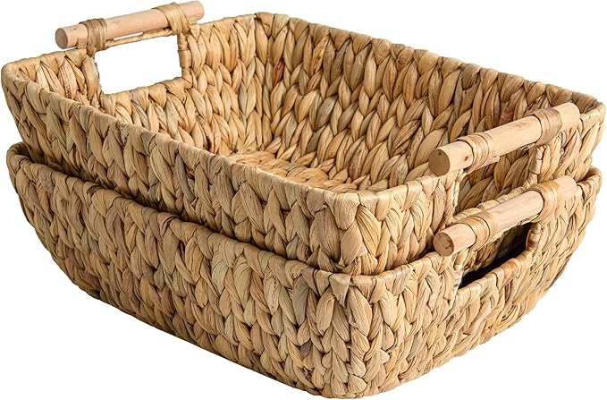 StorageWorks Hand-Woven Storage Baskets with Wooden Handles, Water Hyacinth Wicker Baskets for Organizing, 2 Pack