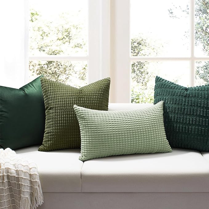 Softalker Throw Pillow Covers 20x20 Inch, Set of 2, Soft Corduroy Boho Stripe Decorative Pillow Cover, Couch Fluffy Pillow Cover for Farmhouse Home Decor Bed Living Room, Sage Green