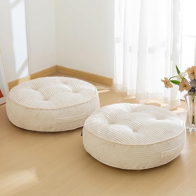 HIGOGOGO 6" Extra Thick Floor Pillow Cushion for Adults, Meditation Cushion Pillow, Large Round Floor Sitting, Tufted Corduroy Cover, for Tatami Living Room or Yoga, 22x22 Inch, 2Pack, Beige
