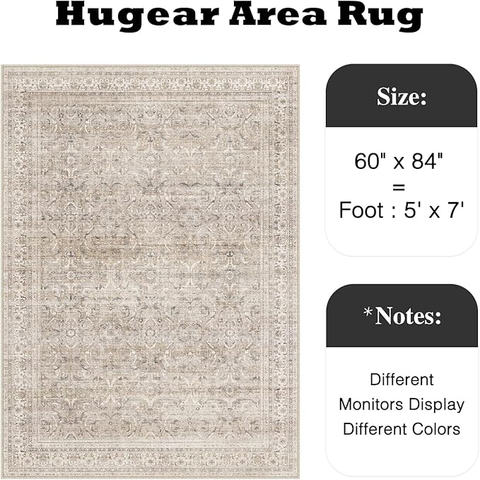 HUGEAR Area Rug 5x7 Vintage Beige Machine Washable Living Room Rugs Distressed Retro Floral Vacuumable Low Pile Carpet Bedroom Office Dining Room Laundry Room Non Slip Soft Lightweight
