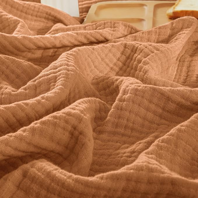 PHF 100% Cotton Muslin Throw Blanket 50" x 60", 4-Layer Lightweight Gauze Throw, Breathable Cloud-Soft Minimalist Blanket for Bed, Couch, Camping & Baby, Caramel, Ideal Gift