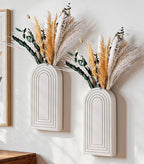 DREAMLOOM 2 Pack Wooden Wall Vases with Dried Pampas Grass and Eucalyptus Plants, Wall Hanging Planters Boho Modern Farmhouse Indoor for Narrow Spaces Entryway Bathroom Home Office Decoration, White