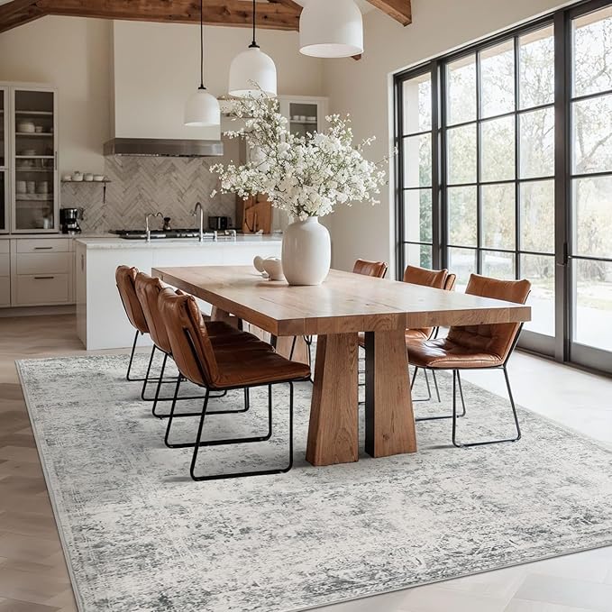 6x9 Area Rugs for Living Room Bedroom, Large Washable Rug, Grey Vintage Abstract Boho Rug, Non Slip & Low Pile Faux Wool Carpet for Indoor Dining Room, Farmhouse and Kids Room(Grey 6x9ft)