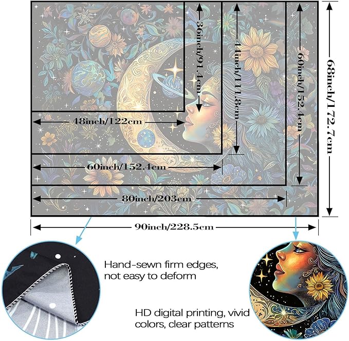 Accnicc Sun and Moon Tapestry for Bedroom Hippie Boho Floral Flower Plant Wall Tapestry Aesthetic Vintage Celestial Spiritual Extra Large Tapestries Wall Hanging for Living Room Dorm 90 x 68 Inch